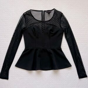 Material Girl Top Black Peplum Blouse Sz S Mesh SL Ruffle Bottom - Holiday